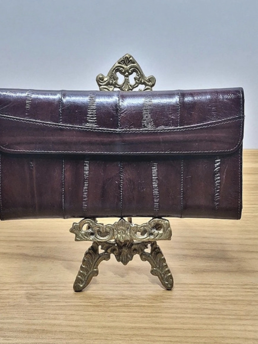 Vintage Genuine Eel Skin Long Clutch Wallet Burgundy Mahogany Made in Korea